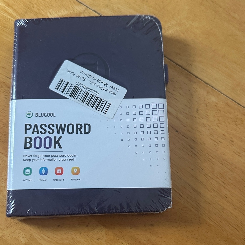 Blugool hardcover Password Book with alphabetical tabs in dark purple.